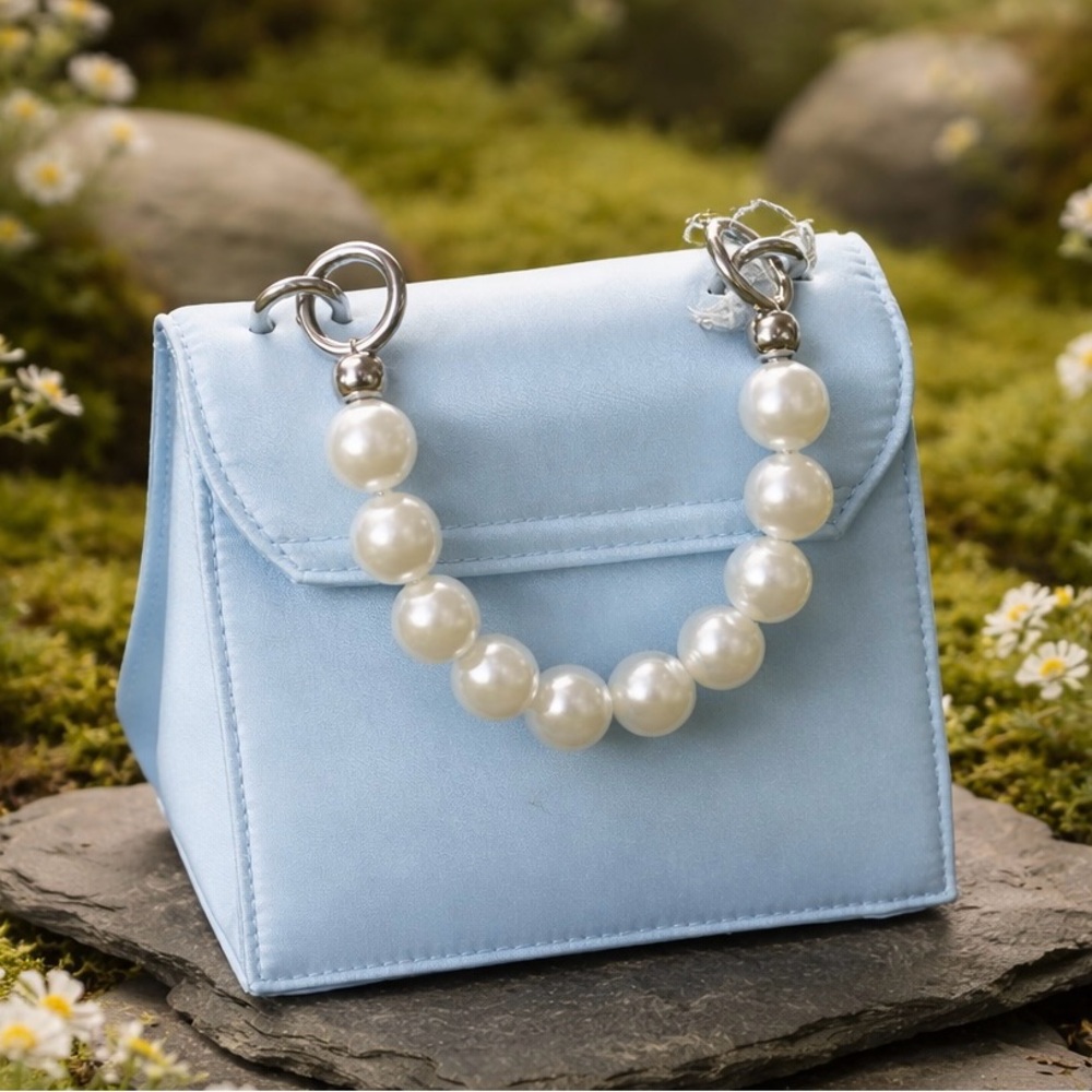 NWT  Light Blue Satin Mini Bag Pearl Handle
Crossbody